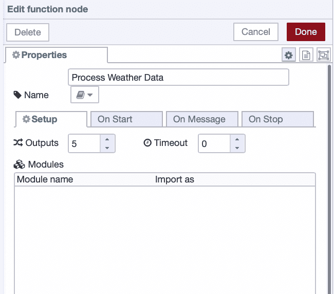 Function node configured with 5 outputs to split weather data